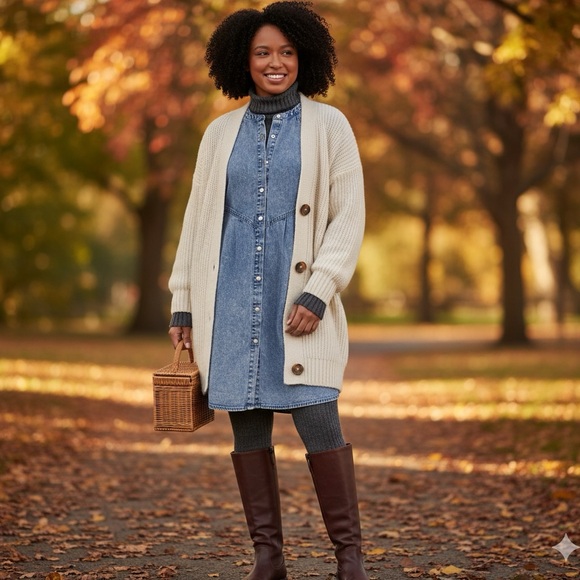 Time and Tru Dresses & Skirts - Time and Tru Women's Button Front Denim Mini Dress with Long Sleeves, Size M